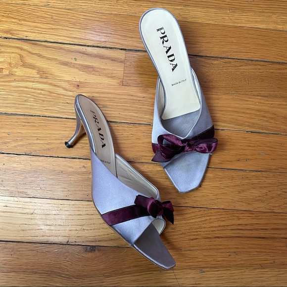 Prada Shoes - Prada Lavendar Satin Slide Peep Toe Kitten Heels